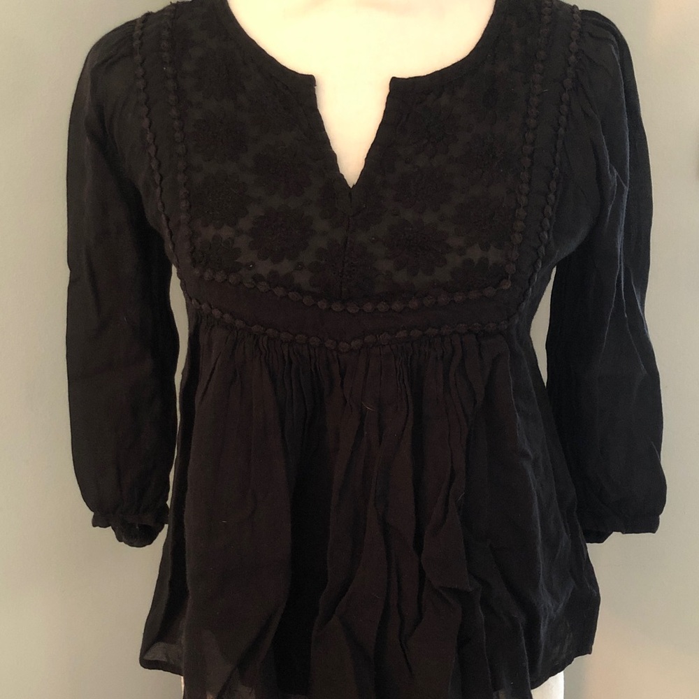 Black Embroidered Split-Neck Tunic Top